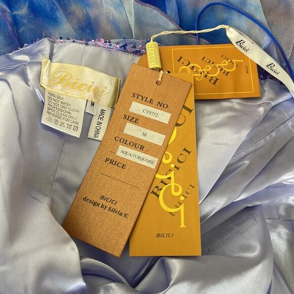 BICICI Spaghetti Straps Asymmetric Hem AquaTurquoise Silk Gown Size M NWT - Picture 11 of 14